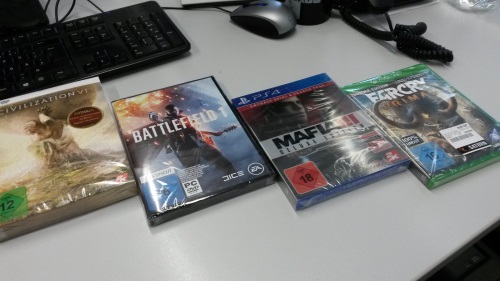 Unter den ersehnten Neuerwerbungen im Oktober 2016 für das GameLab der Public History Hamburg befand sich neben Civilization VI, Mafia 3 und Far Cry Primal auch Battlefield 1 (Abb. eigenes Foto)